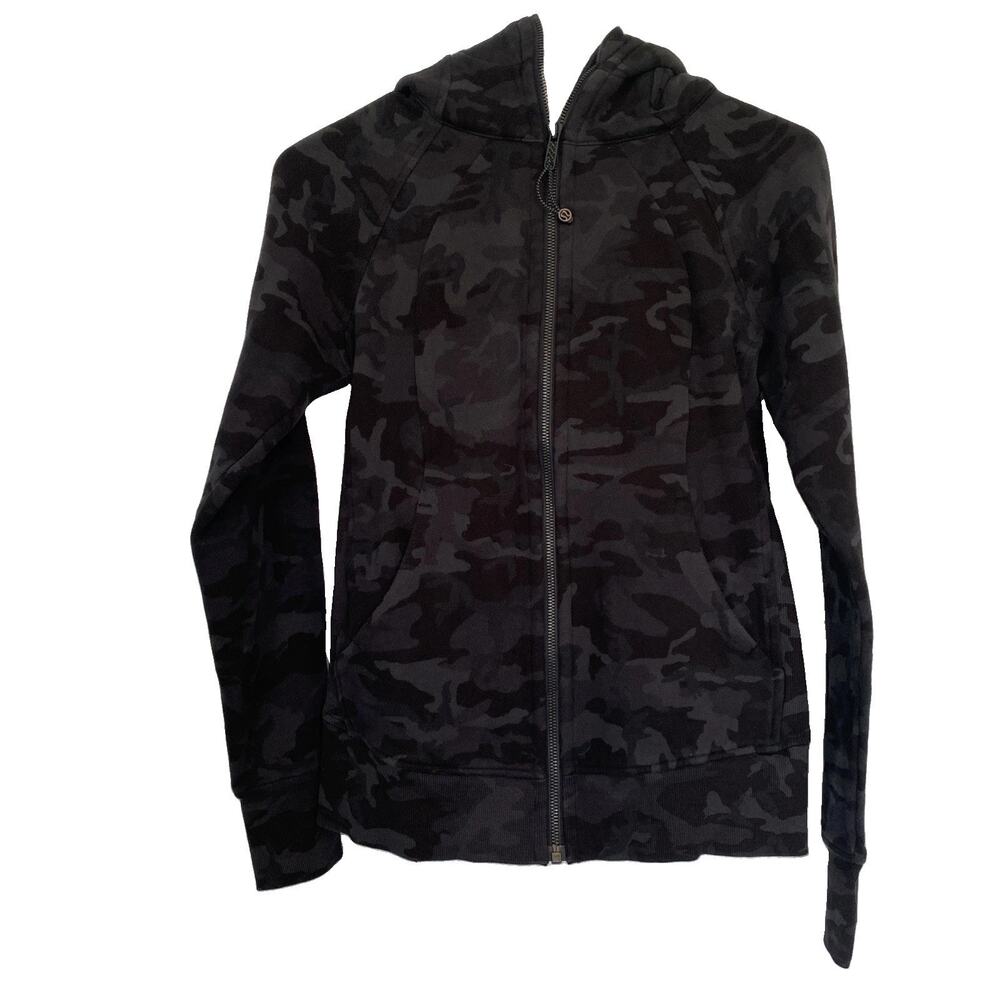 Lululemon Scuba Hoodie Black Camo Size 4 Cozy Zip Up Thumbholes Full Zip Gorp
